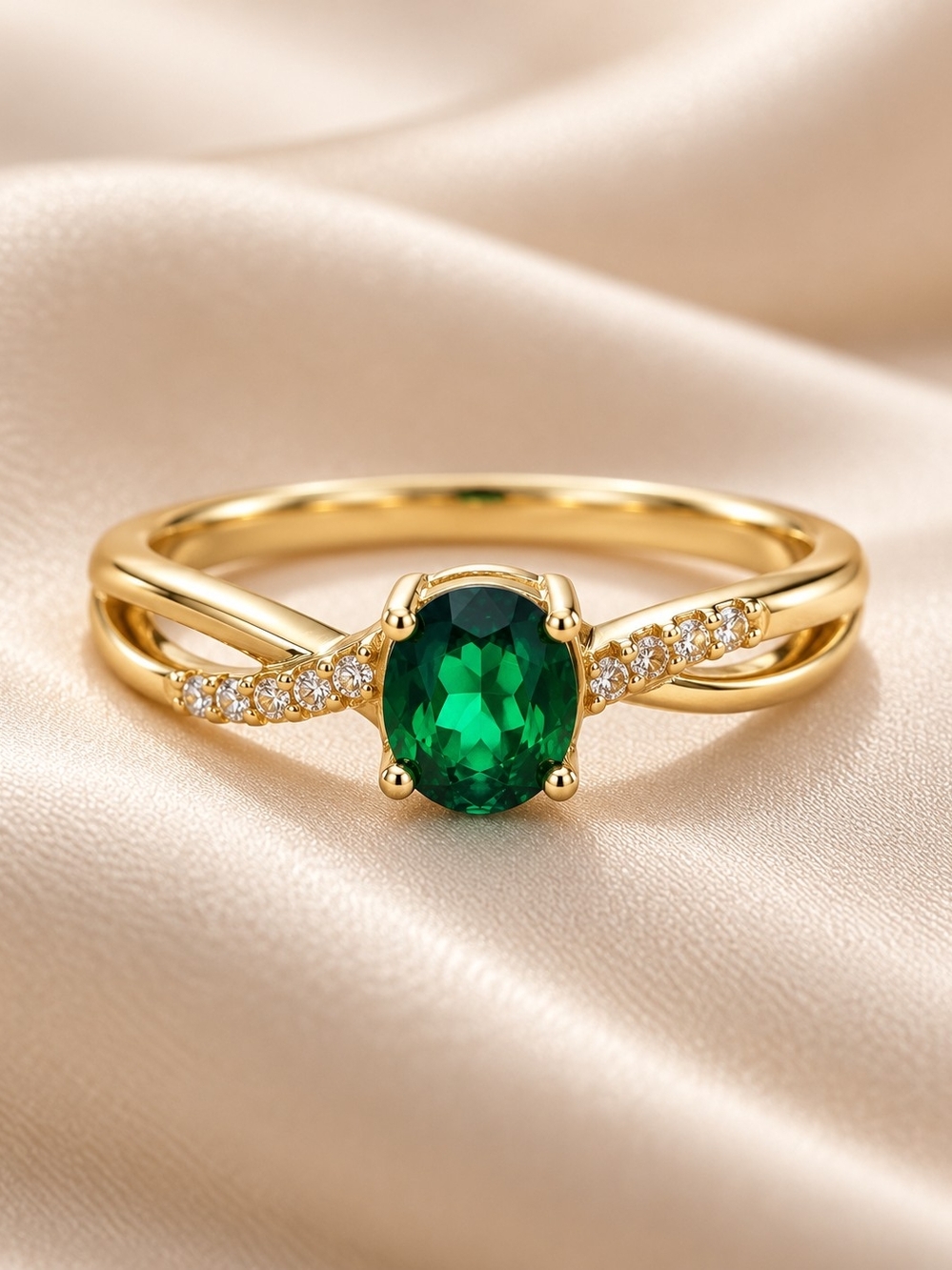 Gold Laminated 14k. Emerald Oval Solitaire Ring with Pavé Accents